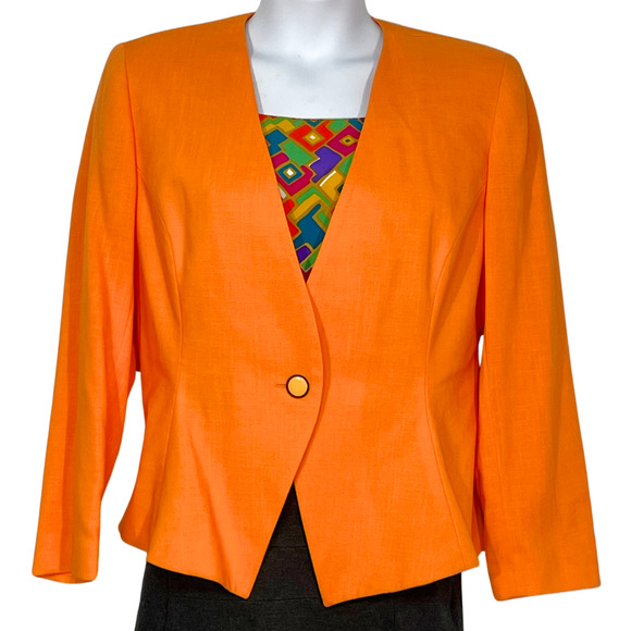 Vintage 90s Gilmor Sz 14 Boxy Suit Jacket Blazer Graphic Print Insert Orange New - Picture 1 of 11